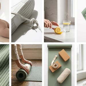 May include: A collection of fitness and wellness items. Includes a yoga mat, blocks, water bottle, and a close-up of ribbed fabric. The color palette is primarily muted greens and neutral tones, suggesting a focus on health and well-being.