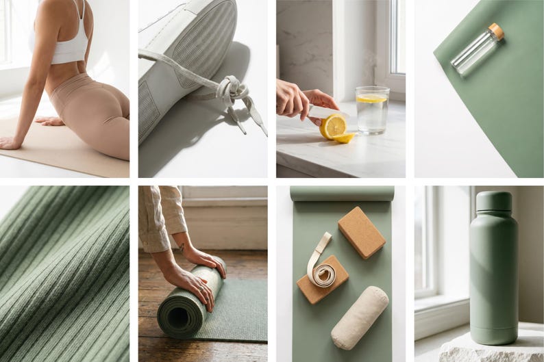 May include: A collection of fitness and wellness items. Includes a yoga mat, blocks, water bottle, and a close-up of ribbed fabric. The color palette is primarily muted greens and neutral tones, suggesting a focus on health and well-being.