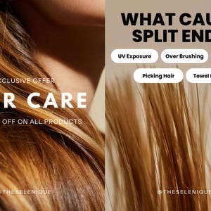 Op de afbeelding: Advertentie voor haarverzorgingsproducten. De linkerkant toont bruin en blond haar met de tekst "HAIR CARE" en "UP TO 35% OFF ON ALL PRODUCTS". De rechterkant toont gespleten punten met de tekst "WHAT CAUSES SPLIT ENDS?" en oorzaken.