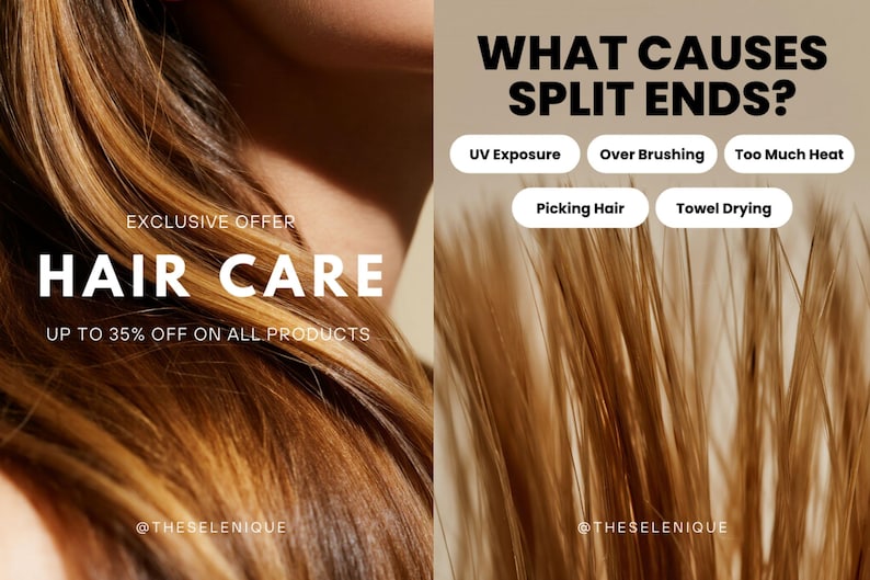 Op de afbeelding: Advertentie voor haarverzorgingsproducten. De linkerkant toont bruin en blond haar met de tekst "HAIR CARE" en "UP TO 35% OFF ON ALL PRODUCTS". De rechterkant toont gespleten punten met de tekst "WHAT CAUSES SPLIT ENDS?" en oorzaken.