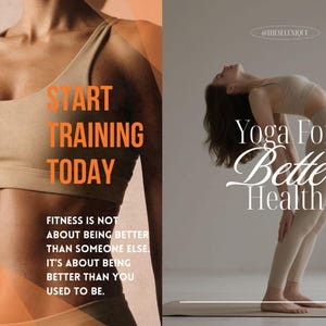 May include: Image promoting fitness and yoga. The left side features a person in a sports bra with the text "START TRAINING TODAY." The right side shows a person in a yoga pose with the text "Yoga For Better Health."