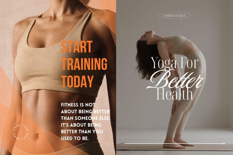 May include: Image promoting fitness and yoga. The left side features a person in a sports bra with the text "START TRAINING TODAY." The right side shows a person in a yoga pose with the text "Yoga For Better Health."