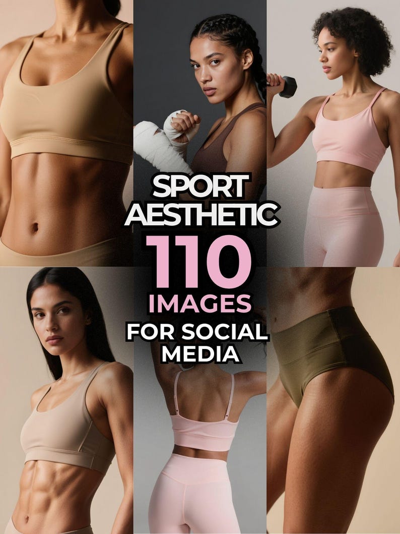 May include: A collage of images featuring women in athletic wear. The images include sports bras, leggings, and shorts in various colors, including tan, pink, and olive green. The text "SPORT AESTHETIC 110 IMAGES FOR SOCIAL MEDIA" is overlaid on the images.