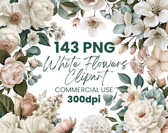 White Flower Clipart Bundle – 143 Watercolor Botanical Floral Wedding PNG