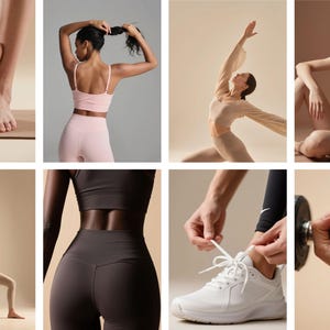 May include: Collection of images showcasing fitness and wellness activities. Includes a person's feet on a yoga mat, a person in activewear, and a person tying a white sneaker. Other images show people in various yoga poses and holding a dumbbell.