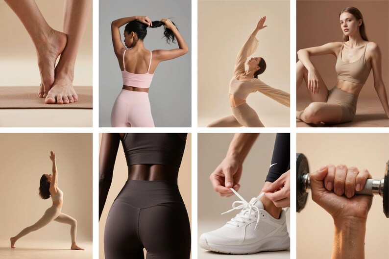May include: Collection of images showcasing fitness and wellness activities. Includes a person's feet on a yoga mat, a person in activewear, and a person tying a white sneaker. Other images show people in various yoga poses and holding a dumbbell.