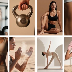 May include: A collage of images showcasing fitness and wellness. Includes a woman in a gym, a kettlebell, a woman in athletic wear, a close-up of an abdomen, a woman with powder, a woman doing yoga, and a woman with boxing wraps.