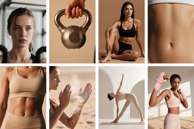 May include: A collage of images showcasing fitness and wellness. Includes a woman in a gym, a kettlebell, a woman in athletic wear, a close-up of an abdomen, a woman with powder, a woman doing yoga, and a woman with boxing wraps.