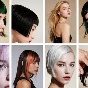 Op de afbeelding: Een collage van acht afbeeldingen met verschillende kapsels en haarkleuren. De afbeeldingen tonen vrouwen met verschillende haarkleuren, waaronder groen, zwart, blond, teal, paars, bruin met oranje highlights, wit en zwart.
