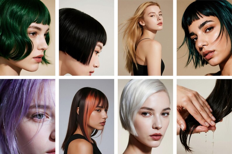 Op de afbeelding: Een collage van acht afbeeldingen met verschillende kapsels en haarkleuren. De afbeeldingen tonen vrouwen met verschillende haarkleuren, waaronder groen, zwart, blond, teal, paars, bruin met oranje highlights, wit en zwart.