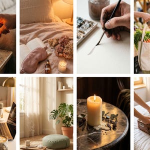 Op de afbeelding: Een verzameling lifestyle-afbeeldingen met gezellige sc&egrave;nes. Bevat een brandende kaars, een persoon die een kaars aansteekt, een persoon die met aquarelverf schildert, twee draagtassen gevuld met boodschappen, een persoon die op een laptop werkt, een kamer met een plant, een brandende kaars op een tafel en een koffer met opgevouwen kleding.