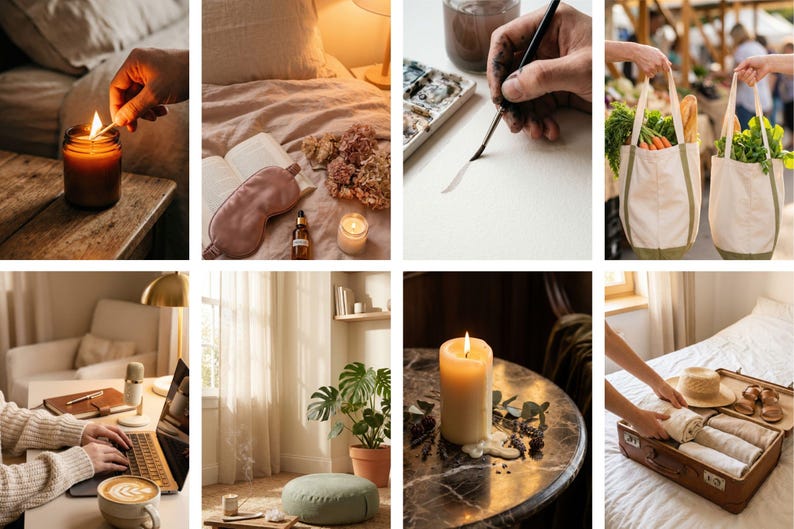 Op de afbeelding: Een verzameling lifestyle-afbeeldingen met gezellige sc&egrave;nes. Bevat een brandende kaars, een persoon die een kaars aansteekt, een persoon die met aquarelverf schildert, twee draagtassen gevuld met boodschappen, een persoon die op een laptop werkt, een kamer met een plant, een brandende kaars op een tafel en een koffer met opgevouwen kleding.