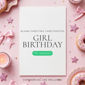 Puede incluir: Una tarjeta de felicitación rectangular blanca con el texto BLANK GREETING CARD PHOTOS GIRL BIRTHDAY 70 IMAGES COMMERCIAL USE INCLUDED. La tarjeta está rodeada de donas rosas, lazos rosas, decoraciones en forma de estrella y una vela encendida.