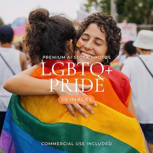 May include: Two individuals embracing while draped in a vibrant rainbow-coloured flag. One person has a small rainbow flag painted on their cheek. The text reads PREMIUM AI STOCK PHOTOS LGBTQ+ PRIDE 50 IMAGES COMMERCIAL USE INCLUDED.