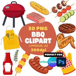 Puede incluir: Una colecci&oacute;n de 50 im&aacute;genes predise&ntilde;adas de barbacoa, que incluyen una parrilla roja, mazorcas de ma&iacute;z, salm&oacute;n a la parrilla y varias brochetas. Tambi&eacute;n se muestra un delantal amarillo, una botella de ketchup y un guante de cocina. El texto dice "50 PNG BBQ Clipart".