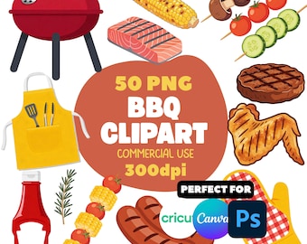 BBQ-clipartbundel | Illustraties grill, hamburgers, maïs en kippenvleugels (digitale download)