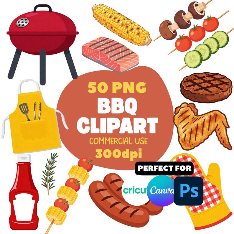 Puede incluir: Una colecci&oacute;n de 50 im&aacute;genes predise&ntilde;adas de barbacoa, que incluyen una parrilla roja, mazorcas de ma&iacute;z, salm&oacute;n a la parrilla y varias brochetas. Tambi&eacute;n se muestra un delantal amarillo, una botella de ketchup y un guante de cocina. El texto dice "50 PNG BBQ Clipart".