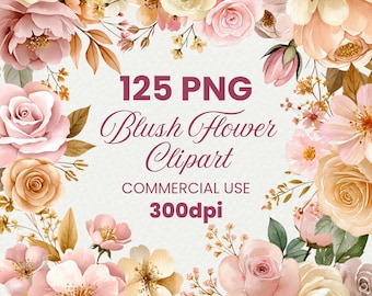 Blush Gold Flower Clipart Bundle – 143 Watercolor Boho Floral PNG Commercial