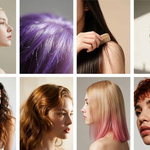 Op de afbeelding: Een collage van acht afbeeldingen met diverse kapsels en haarkleuren. De afbeeldingen tonen vrouwen met verschillende haarlengtes, van lang tot kort, en kleuren waaronder blond, paars, bruin en rood. Sommige afbeeldingen tonen close-ups van haartexturen.
