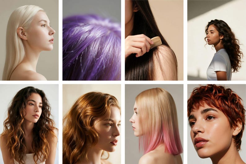 Op de afbeelding: Een collage van acht afbeeldingen met diverse kapsels en haarkleuren. De afbeeldingen tonen vrouwen met verschillende haarlengtes, van lang tot kort, en kleuren waaronder blond, paars, bruin en rood. Sommige afbeeldingen tonen close-ups van haartexturen.