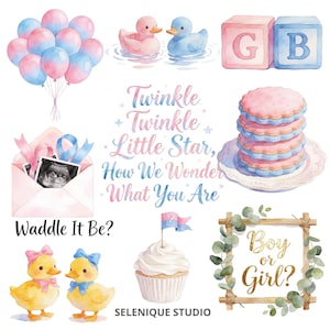 Watercolor Gender Reveal Clipart Bundle | Pink Blue Baby Shower Graphics (Digital Download) image 6