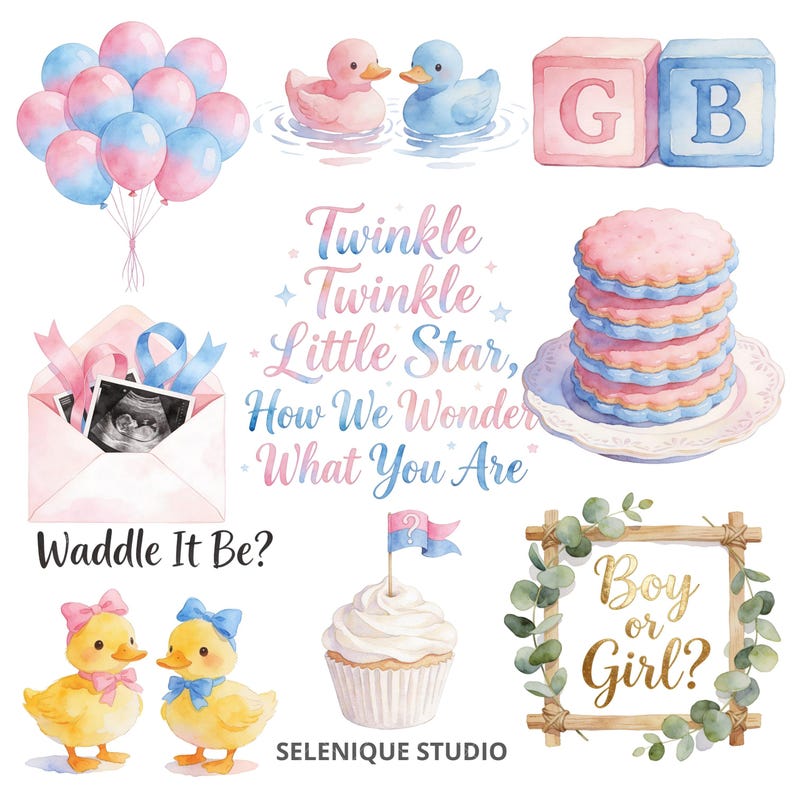 Watercolor Gender Reveal Clipart Bundle | Pink Blue Baby Shower Graphics (Digital Download) image 6