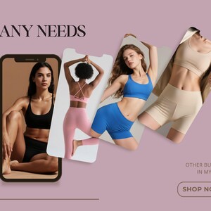 May include: Image featuring activewear sets in black, pink, blue, and beige. The sets include sports bras, leggings, and shorts. The text "FOR ANY NEEDS" is at the top, with "SHOP NOW!" at the bottom. The image is on a mauve background.