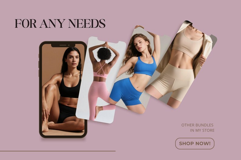 May include: Image featuring activewear sets in black, pink, blue, and beige. The sets include sports bras, leggings, and shorts. The text "FOR ANY NEEDS" is at the top, with "SHOP NOW!" at the bottom. The image is on a mauve background.