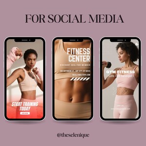 May include: A series of five smartphone screens displaying fitness-related graphics. The first screen shows a woman holding a dumbbell, with the text "FITNESS CLUB." Other screens feature images of women in workout attire, with text like "START TRAINING TODAY" and "GYM FITNESS."