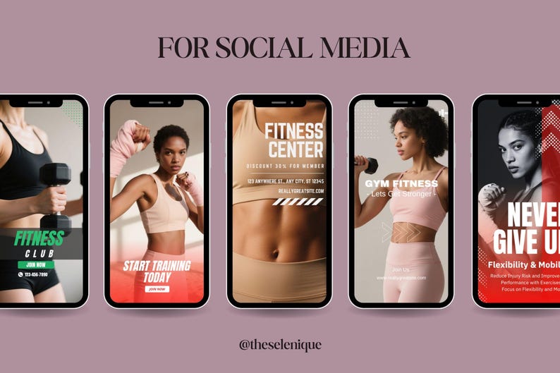 May include: A series of five smartphone screens displaying fitness-related graphics. The first screen shows a woman holding a dumbbell, with the text "FITNESS CLUB." Other screens feature images of women in workout attire, with text like "START TRAINING TODAY" and "GYM FITNESS."