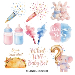 May include: Watercolor illustrations for a baby shower, featuring gender reveal elements. Includes baby bottles, confetti poppers, smoke bombs, bunnies, and a question mark balloon held by an elephant. Text includes "Welcome Baby" and "What Will Baby Be?"