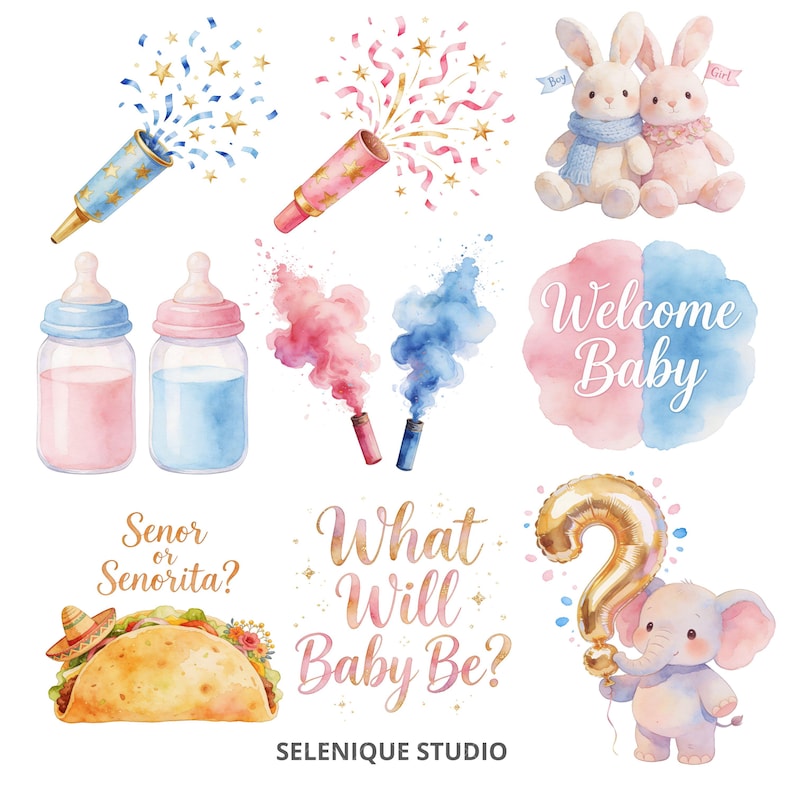 May include: Watercolor illustrations for a baby shower, featuring gender reveal elements. Includes baby bottles, confetti poppers, smoke bombs, bunnies, and a question mark balloon held by an elephant. Text includes "Welcome Baby" and "What Will Baby Be?"