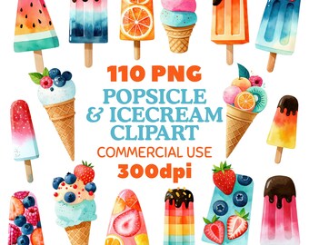 Ice Cream Popsicle Clipart Bundle – 110 Watercolor Summer PNG Commercial Use