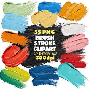 Può includere: Una collezione di 35 pennellate colorate nelle tonalità verde, blu, giallo, arancione, rosso, rosa, bianco e nero. L'area centrale nera presenta il testo 35 PNG BRUSH STROKE CLIPART COMMERCIAL USE 300dpi in giallo e bianco.