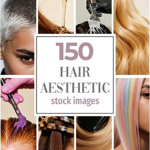 Op de afbeelding: Een collage van afbeeldingen met verschillende haar esthetiek. De afbeeldingen bevatten close-ups van haar in verschillende kleuren en stijlen, gereedschappen zoals kammen en borstels, en de tekst "150 HAIR AESTHETIC stock images" in het midden.