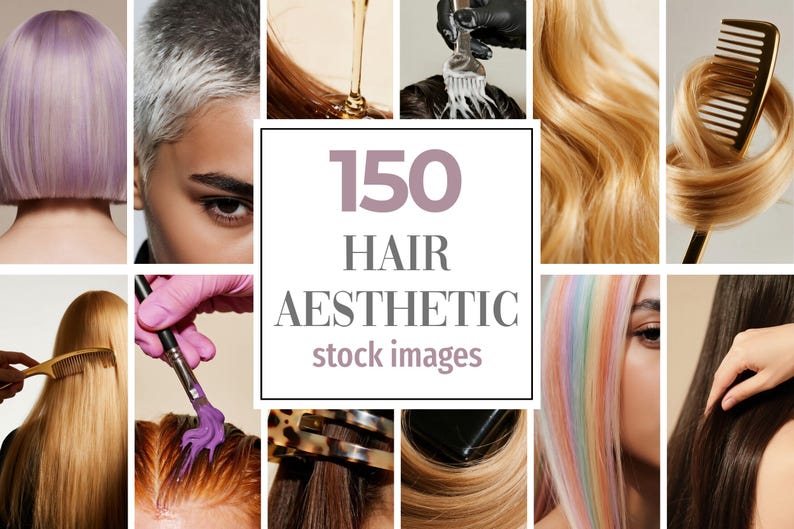 Op de afbeelding: Een collage van afbeeldingen met verschillende haar esthetiek. De afbeeldingen bevatten close-ups van haar in verschillende kleuren en stijlen, gereedschappen zoals kammen en borstels, en de tekst "150 HAIR AESTHETIC stock images" in het midden.