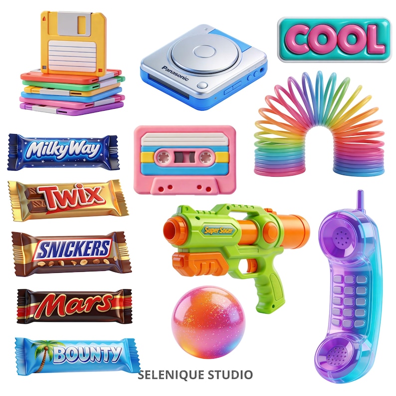 May include: A collection of retro items including a stack of colorful floppy disks, a CD player, a rainbow slinky, a pink cassette tape, a water gun, a colorful ball, a telephone, candy bars, and a sign that says "COOL".