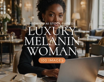 Könnte beinhalten: Eine Person mit dunklem lockigem Haar trägt einen schwarzen Blazer und eine goldene Halskette und sitzt an einem Tisch mit einem Laptop, einer weißen Kaffeetasse auf einer Untertasse und einem Notizbuch. Der Text lautet PREMIUM AI STOCK PHOTOS LUXURY MELANIN WOMAN 100 IMAGES.