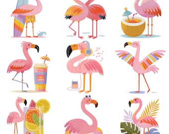 Flamingo Clipart Bundle – 45 Cute Tropical Summer Beach PNG Commercial Use