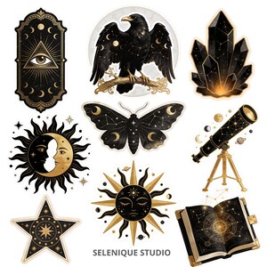 Pacchetto di clipart celestiali mistiche, adesivi PNG neri e dorati a tema stregonesco (download digitale) immagine 4