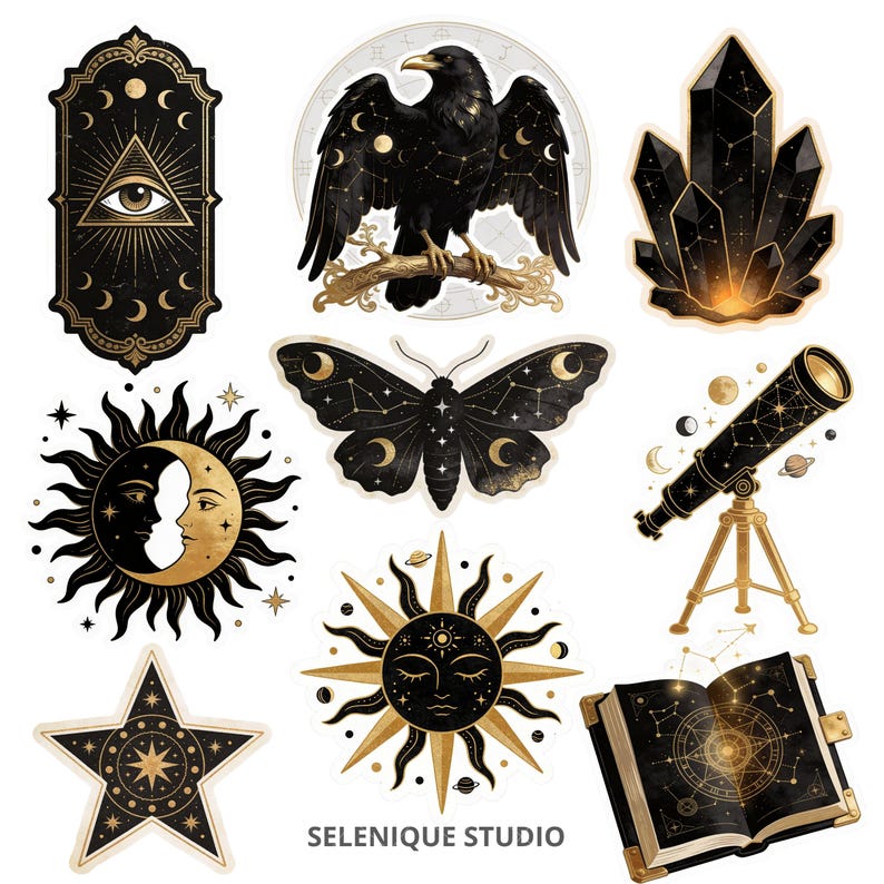 Pacchetto di clipart celestiali mistiche, adesivi PNG neri e dorati a tema stregonesco (download digitale) immagine 4
