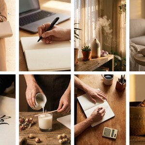 Op de afbeelding: Een collage van lifestyle-afbeeldingen met een persoon die in een notitieboek schrijft, een laptop, een beige handtas, het maken van een kaars, een zangkom en een diffuser. De afbeeldingen hebben een warm, neutraal kleurenpalet, wat duidt op ontspanning en welzijn.
