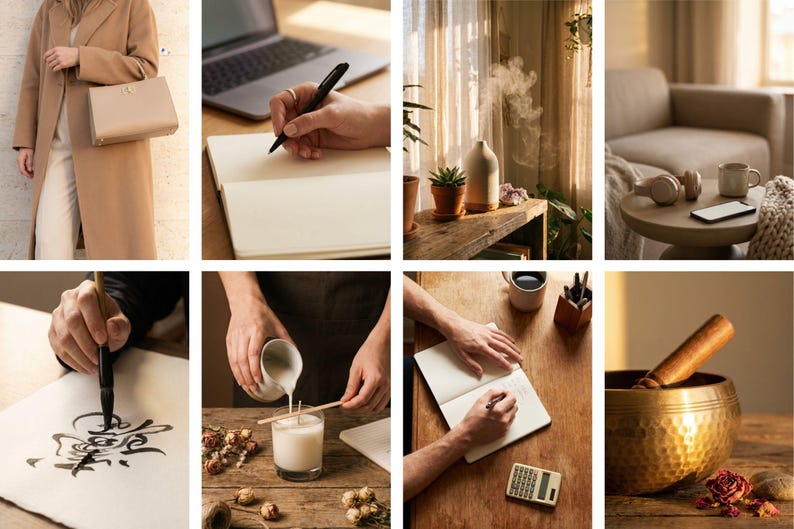 Op de afbeelding: Een collage van lifestyle-afbeeldingen met een persoon die in een notitieboek schrijft, een laptop, een beige handtas, het maken van een kaars, een zangkom en een diffuser. De afbeeldingen hebben een warm, neutraal kleurenpalet, wat duidt op ontspanning en welzijn.