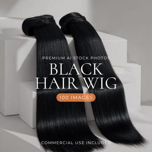 Op de afbeelding: Twee bundels steil, gitzwart haar, gepresenteerd als pruik of haarextensies. De tekst op de afbeelding luidt: PREMIUM AI STOCK PHOTOS, BLACK HAIR WIG, 100 IMAGES, COMMERCIAL USE INCLUDED. Het haar is glad, glanzend en donker van kleur.