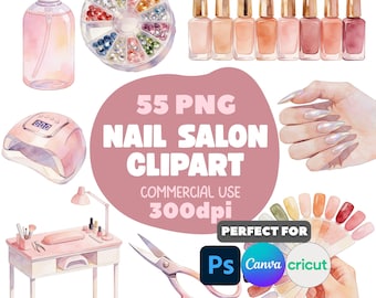 Watercolor Nail Salon Clipart | Manicure, Nail Polish, Beauty Graphics (Commercial Use)