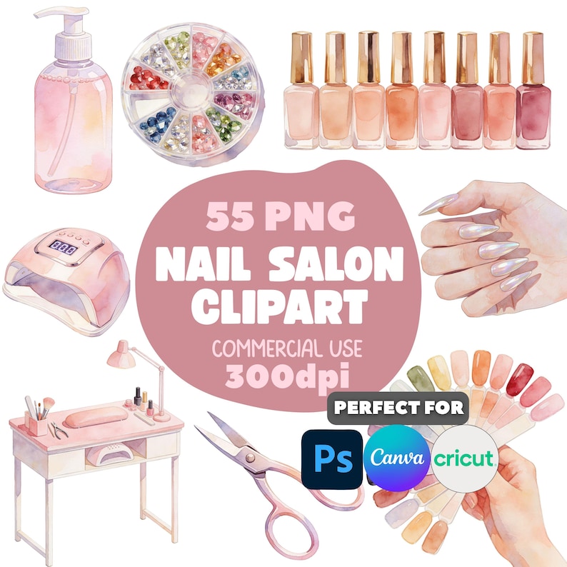 Watercolor Nail Salon Clipart | Manicure, Nail Polish, Beauty Graphics (Commercial Use) image 1