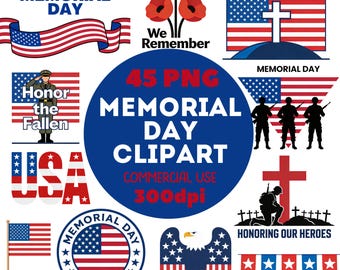Memorial Day Clipart Bundle – 45 Patriotic Military Honor PNG Commercial Use