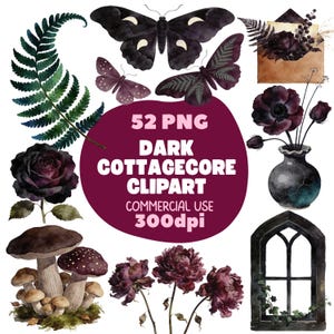 Dark Cottagecore Clipart Bundle, 52 Watercolor Gothic Nature PNG, Digital Stickers, Junk Journal