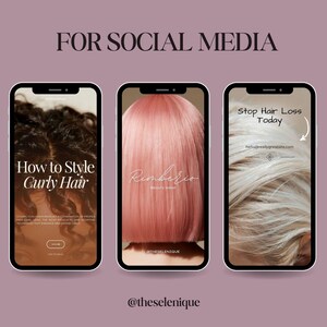 Op de afbeelding: Een promotieafbeelding voor een schoonheidssalon, met vijf smartphoneschermen. Elk scherm toont verschillende inhoud, waaronder stylingtips, salonservices en de tekst "FOR SOCIAL MEDIA". De achtergrond is een gedempt paars.