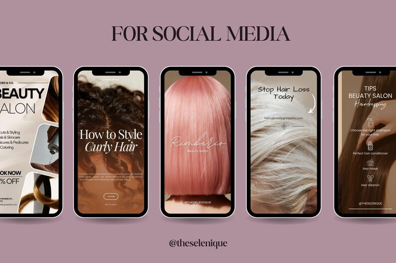 Op de afbeelding: Een promotieafbeelding voor een schoonheidssalon, met vijf smartphoneschermen. Elk scherm toont verschillende inhoud, waaronder stylingtips, salonservices en de tekst "FOR SOCIAL MEDIA". De achtergrond is een gedempt paars.